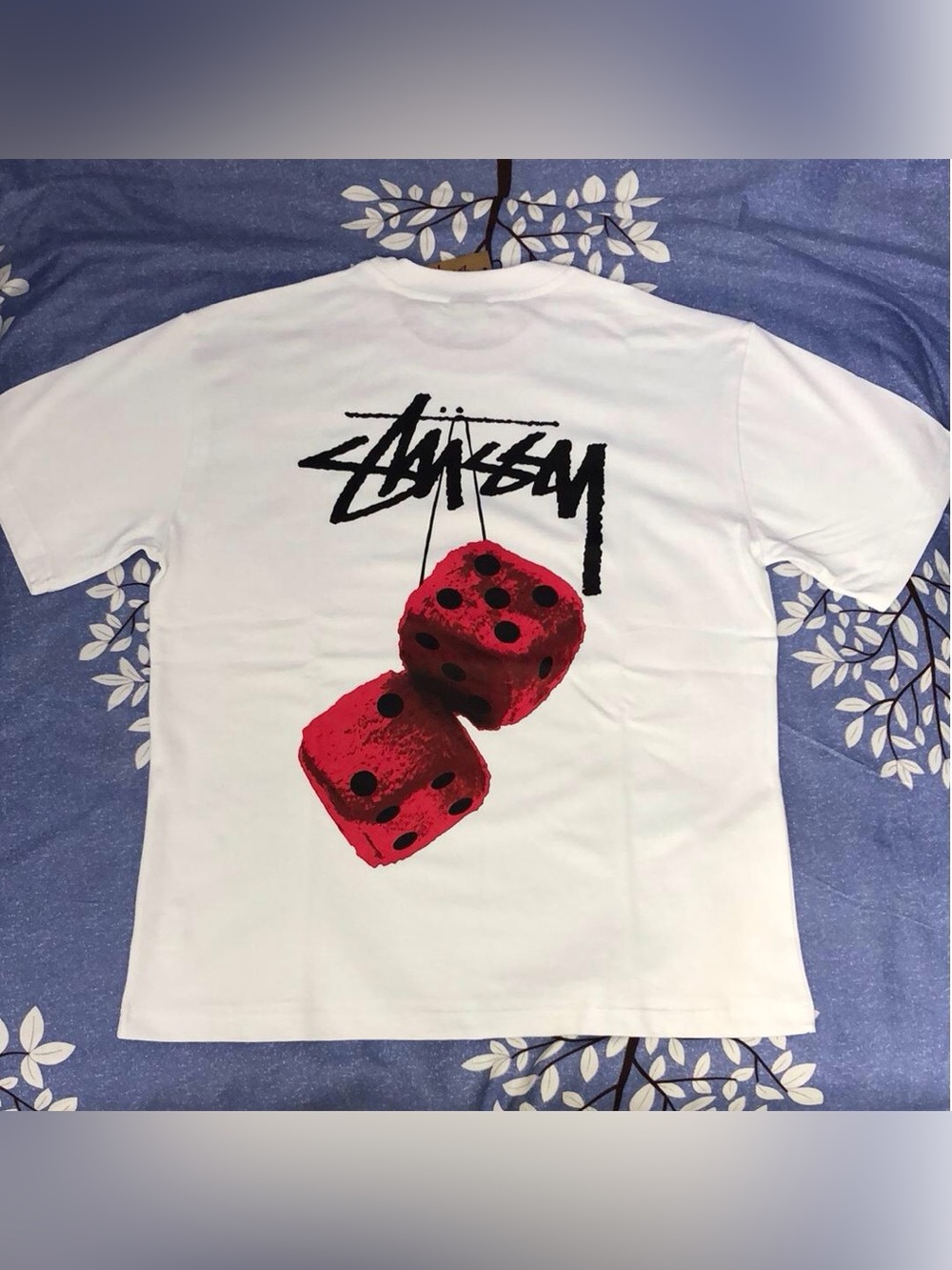 Stussy White Tee with Red Dice and Black Logo